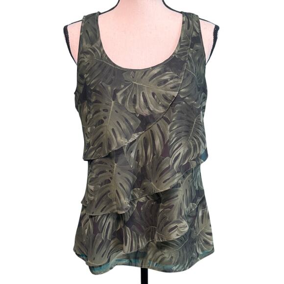 Michael Kors Green Botanical Layered Ruffle Round Neck Sleeveless Blouse Medium - Picture 1 of 12